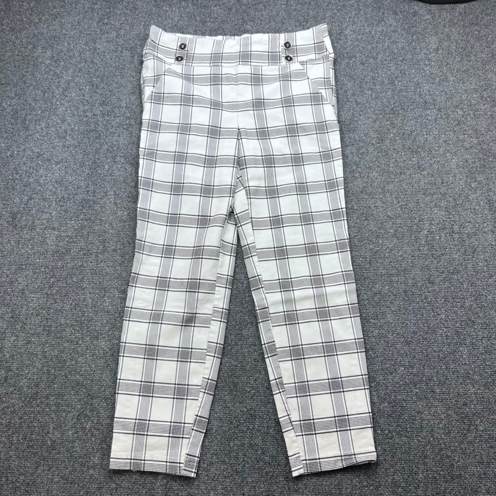 SOHO Apparel Plaid Check Stretch Career Pull On Trousers White Blk Straight Leg